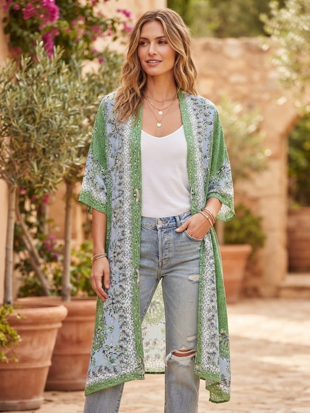 Max Studio Green and Blue Floral Kimono Cover-Up
